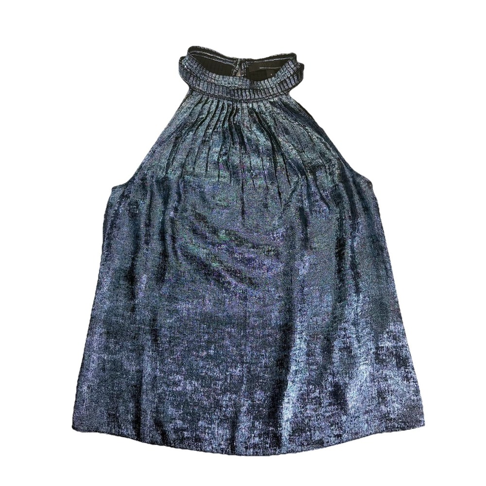 White House/Black Market Blue Metallic Mock Halter Sleeveless Blouse 4 Trap City